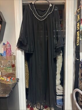 Vintage Black Chiffon Sheer Maxi Dress with Diamond Beaded Neckline